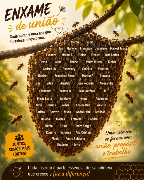 Cartaz ‘Enxame de união’: um enxame pendurado em um galho, formado pelos nomes dos participantes do Dia de Campo.