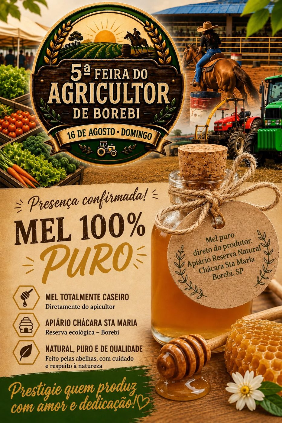 Cartaz de divulgação da presença da Colmeia na 5ª Feira do Agricultor de Borebi, em 16 de agosto.
