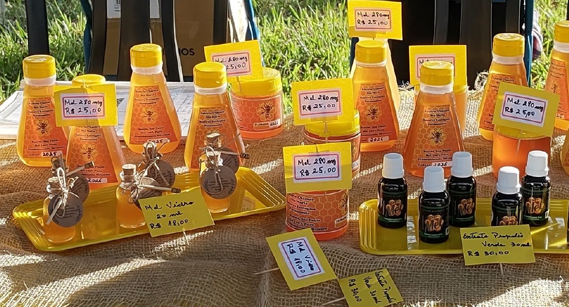 Garrafas de mel silvestre com rótulo do Apiário Chácara Santa Maria, frasquinhos de vidro de 20 ml e extratos de própolis sobre a mesa da feira.